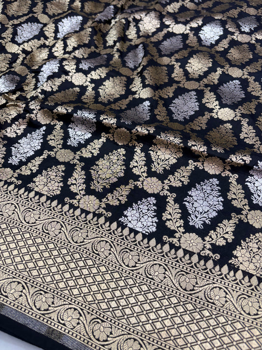 Midnight Black Pure Banarasi Katan Silk Saree With Dual Zari Weaving