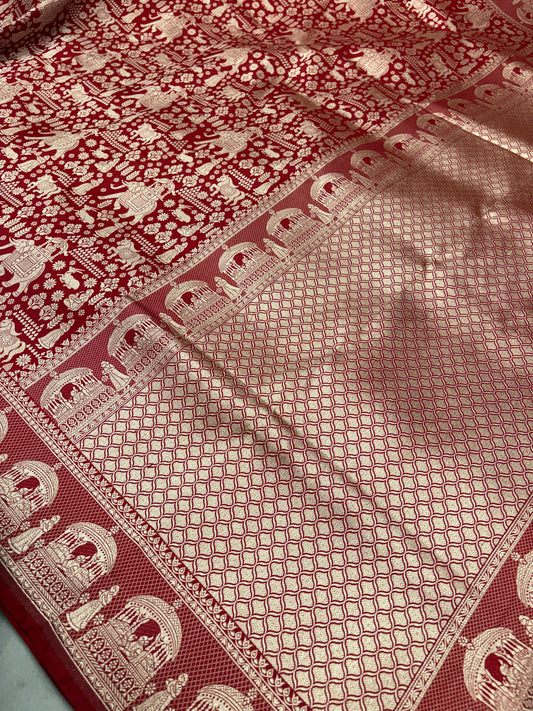 Pure Red Banarasi Katan Silk Saree With Heritage Gold Weaving