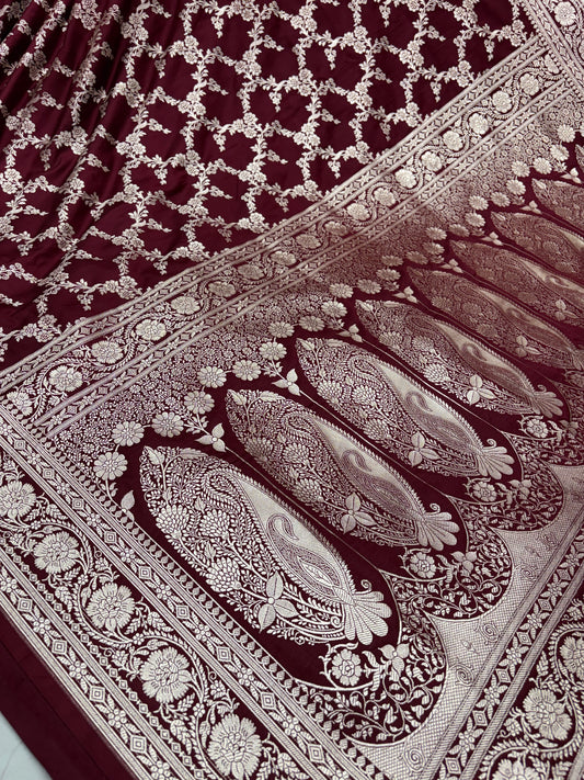 Maroon Banarasi Silk Mashru Katan Saree With Intricate Silver Zari Jaal Weaving