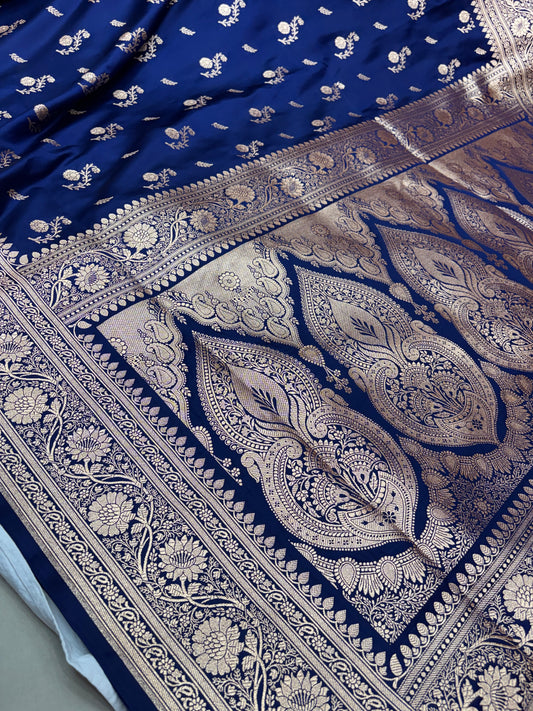 Navy Blue Banarasi Katan Silk Saree With Intricate Silver Zari Weaving