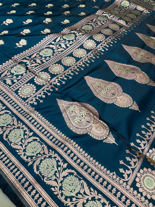 Deep Teal Banarasi Katan Silk Saree With Elegant Floral Zari Weaving