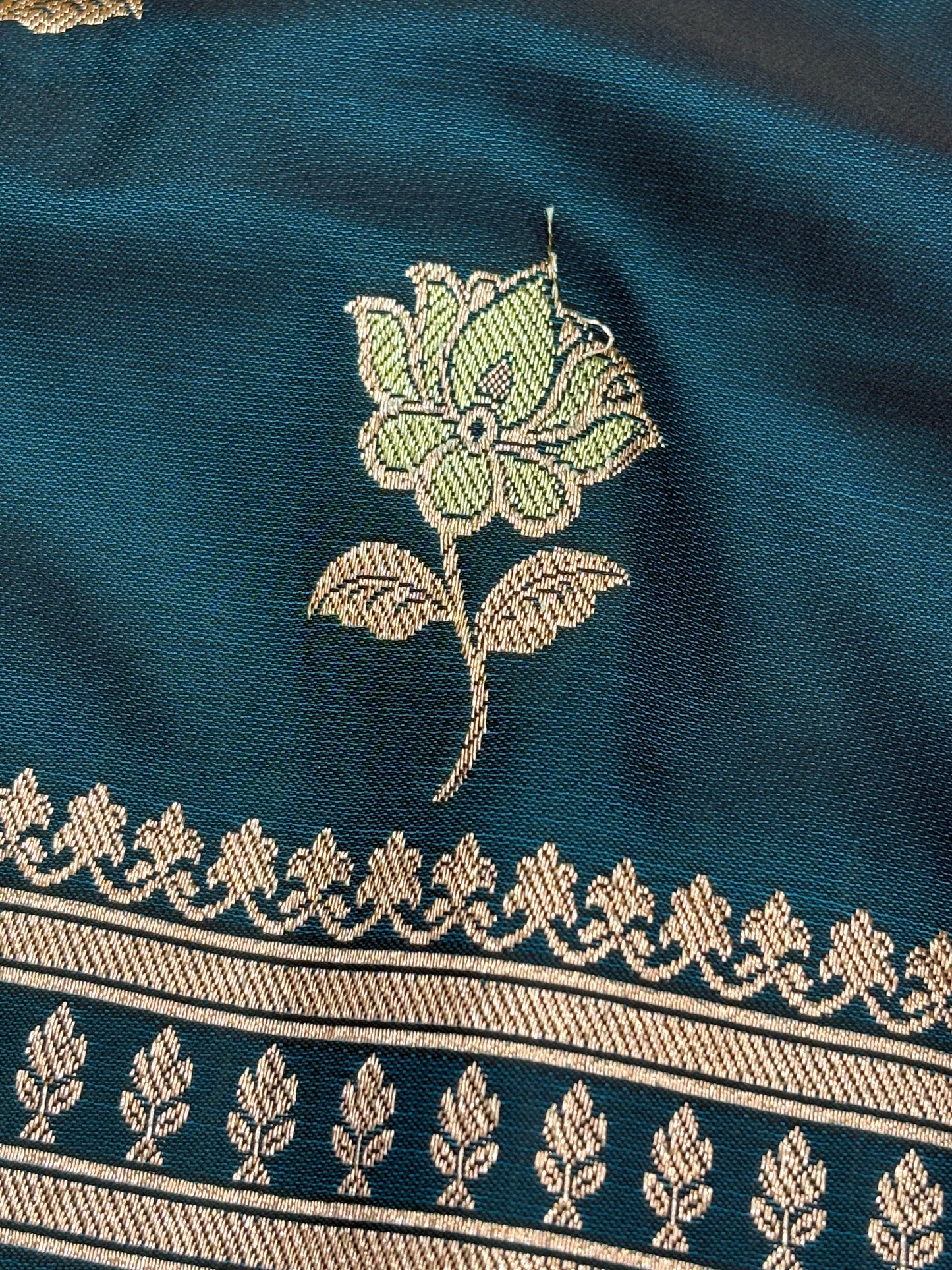Deep Teal Banarasi Katan Silk Saree With Elegant Floral Zari Weaving