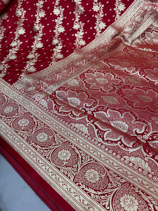 Red Katan Banarasi Saree with Gold Zari Floral Bel Work