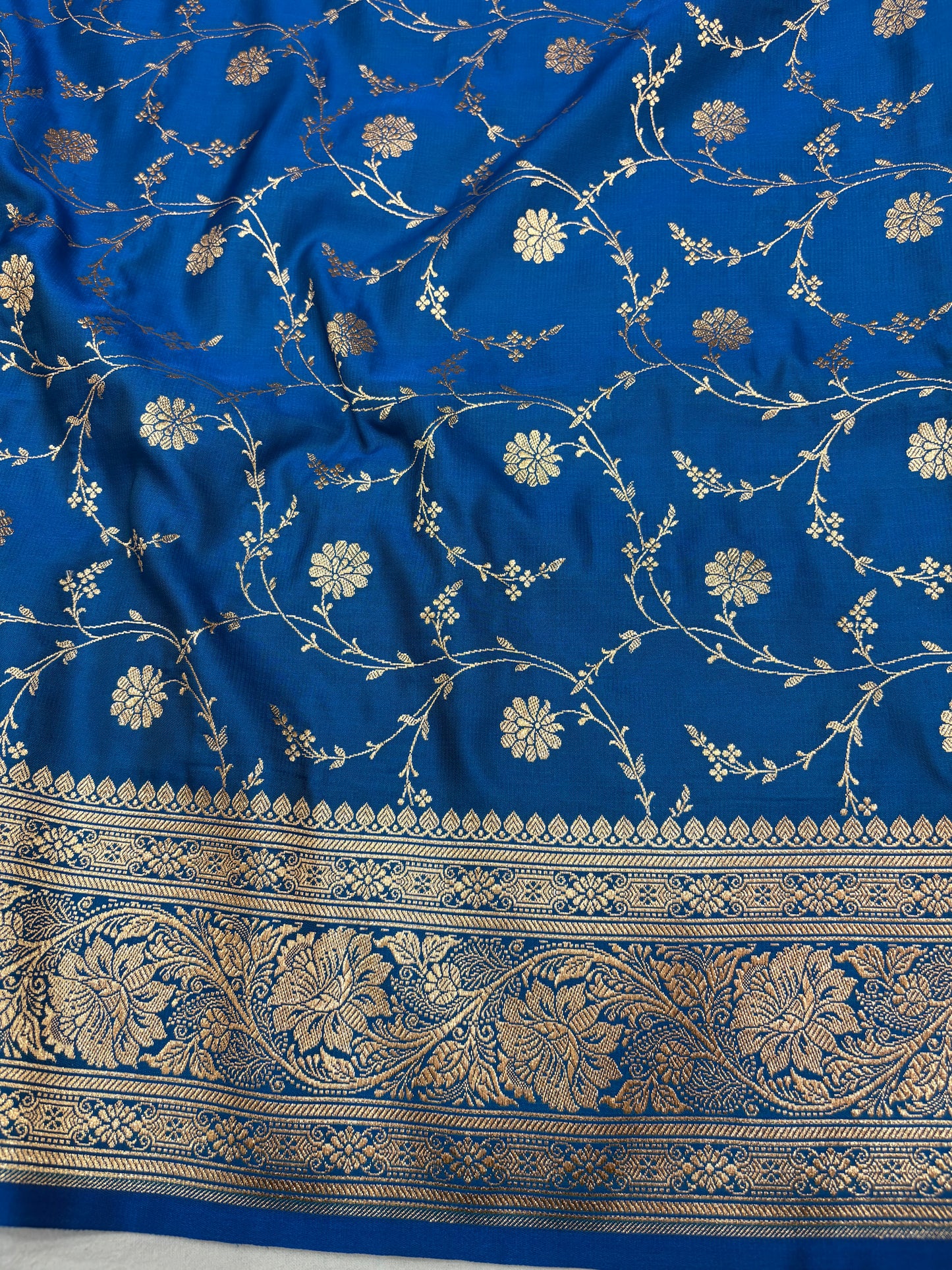 Peacock Blue Katan Banarasi Saree with Gold Zari Floral Jaal