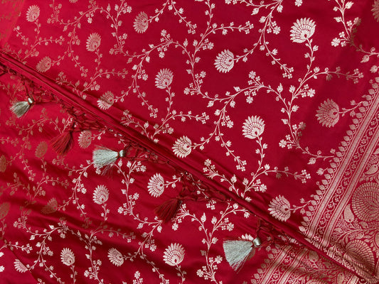 Short Maroon Katan Banarasi Saree with Light Copper Zari Floral Jaal