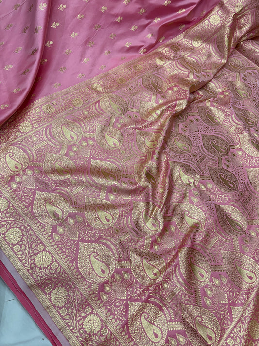Pastel Pink Katan Banarasi Saree with Gold Zari Floral Booti Work