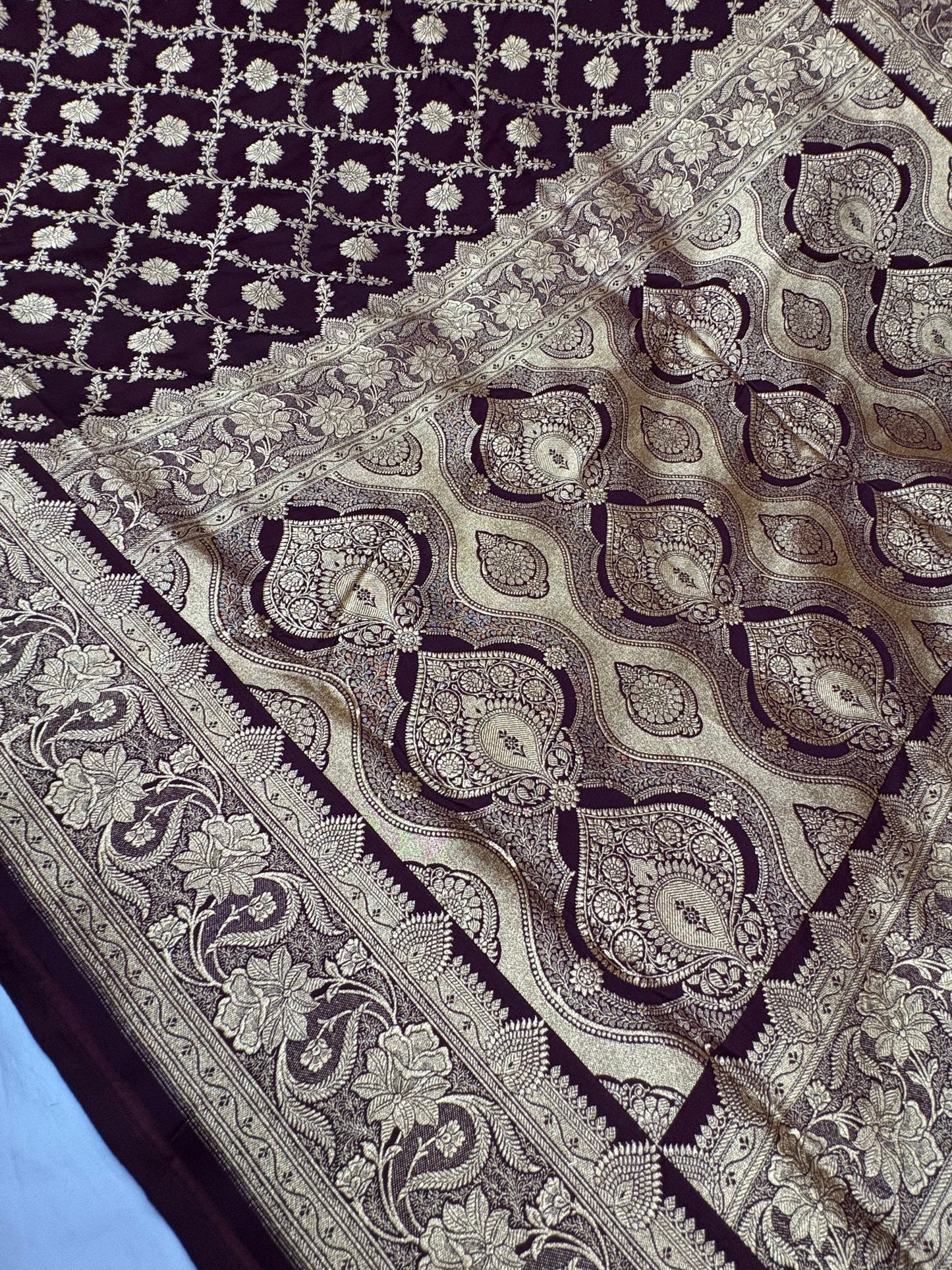 Brown Katan Banarasi Saree with Floral Jaal and Ornamental Border