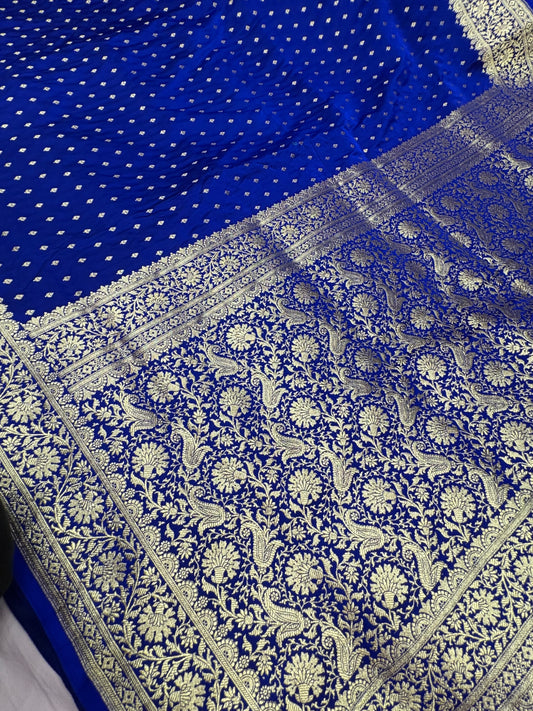 Royal Blue Katan Banarasi Saree with Buti Work and Floral Border