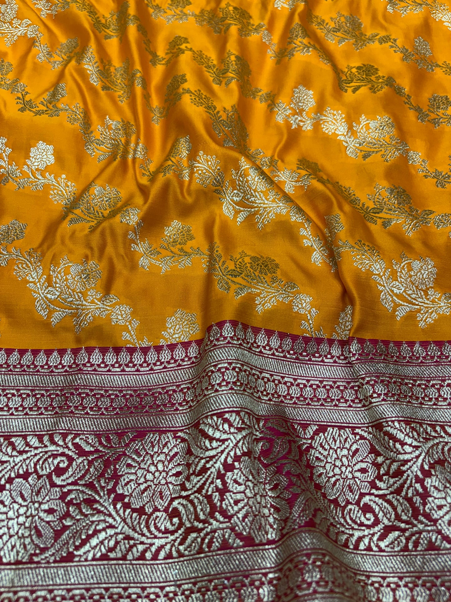 Mustard Yellow Katan Banarasi Saree with Rani Pink Contrast Border and Floral Jaal