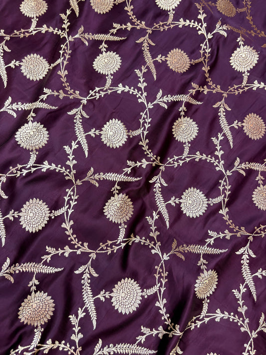 Deep Brown Katan Banarasi Saree with Floral Jaal Weaving and Grand Pallu