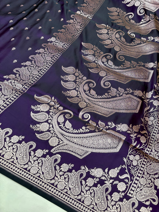 Dual Tone Purple Katan Banarasi Saree with Paisley Border and Grand Pallu