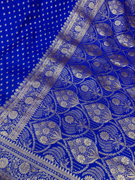 Royal Blue Katan Banarasi Saree with Floral Jaal Pallu and Zari Buti Weaving