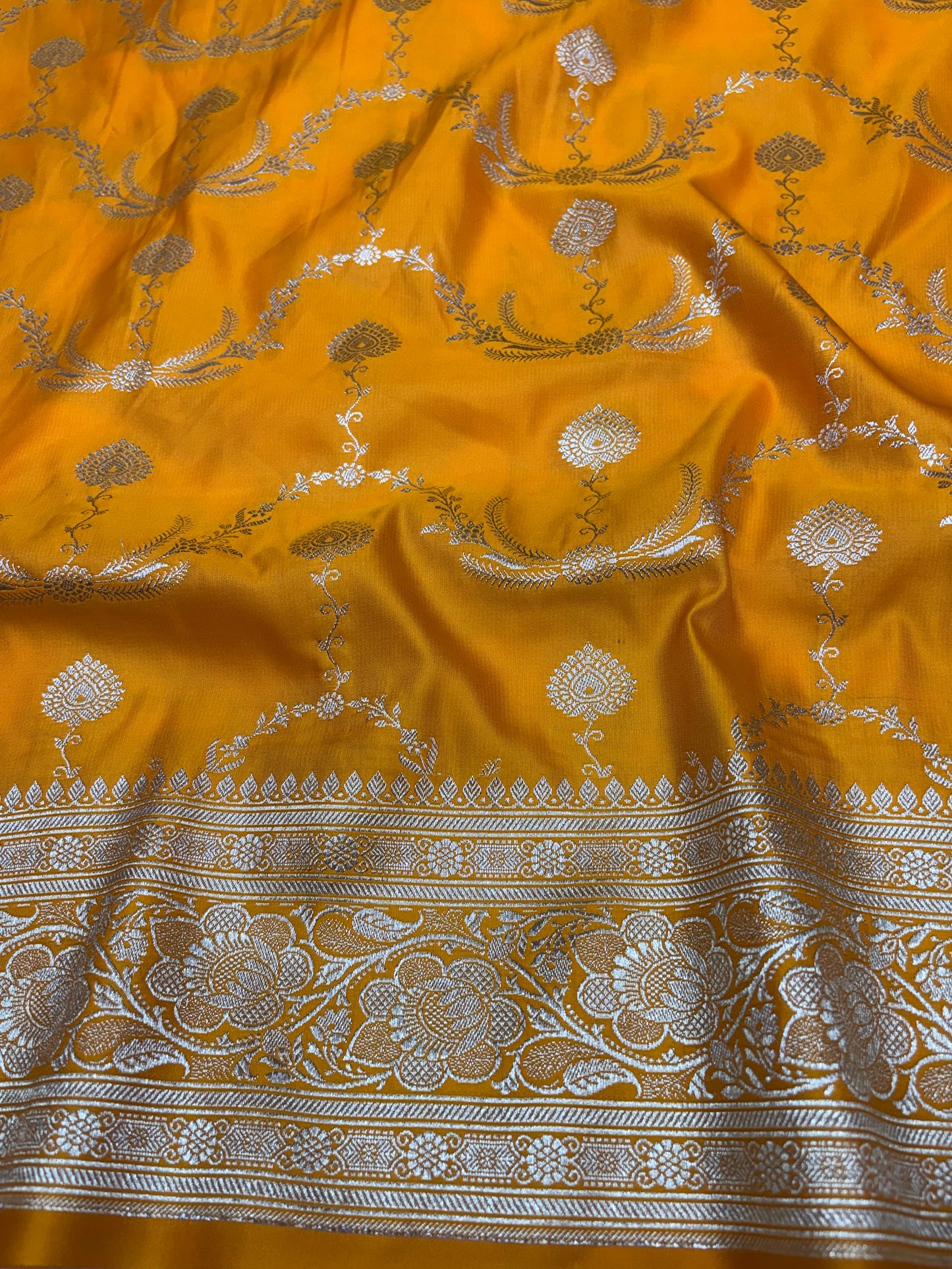 Mustard Yellow Katan Banarasi Saree with Floral Jaal and Gold Zari Border