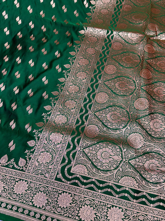 Emerald Green Katan Banarasi Saree with Floral Jaal Pallu and Zari Buti Weaving