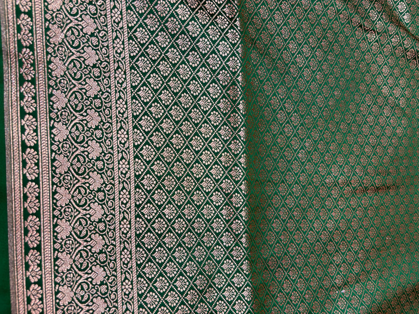 Emerald Green Katan Banarasi Saree with Floral Jaal Pallu and Zari Buti Weaving