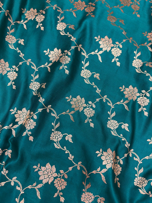 Rama Green Katan Banarasi Saree with Floral Jaal Weaving and Rich Traditional Pallu