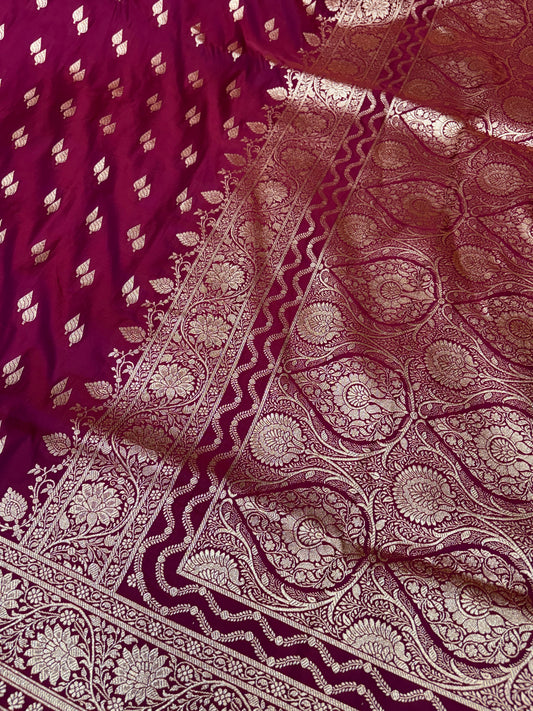 Rani Pink Katan Banarasi Saree with Gold Zari Buti and Rich Woven Pallu