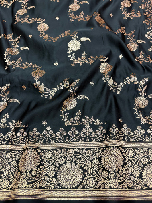 Black Katan Banarasi Saree with Floral Buti Weaving and Rich Zari Pallu