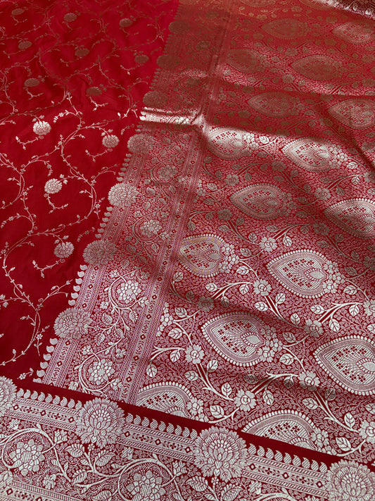 Red Katan Banarasi Saree with Gold Zari Floral Jaal and Tassel Pallu
