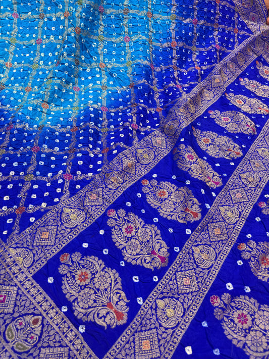Royal Blue Contrast Bandhej Banarasi Silk Saree