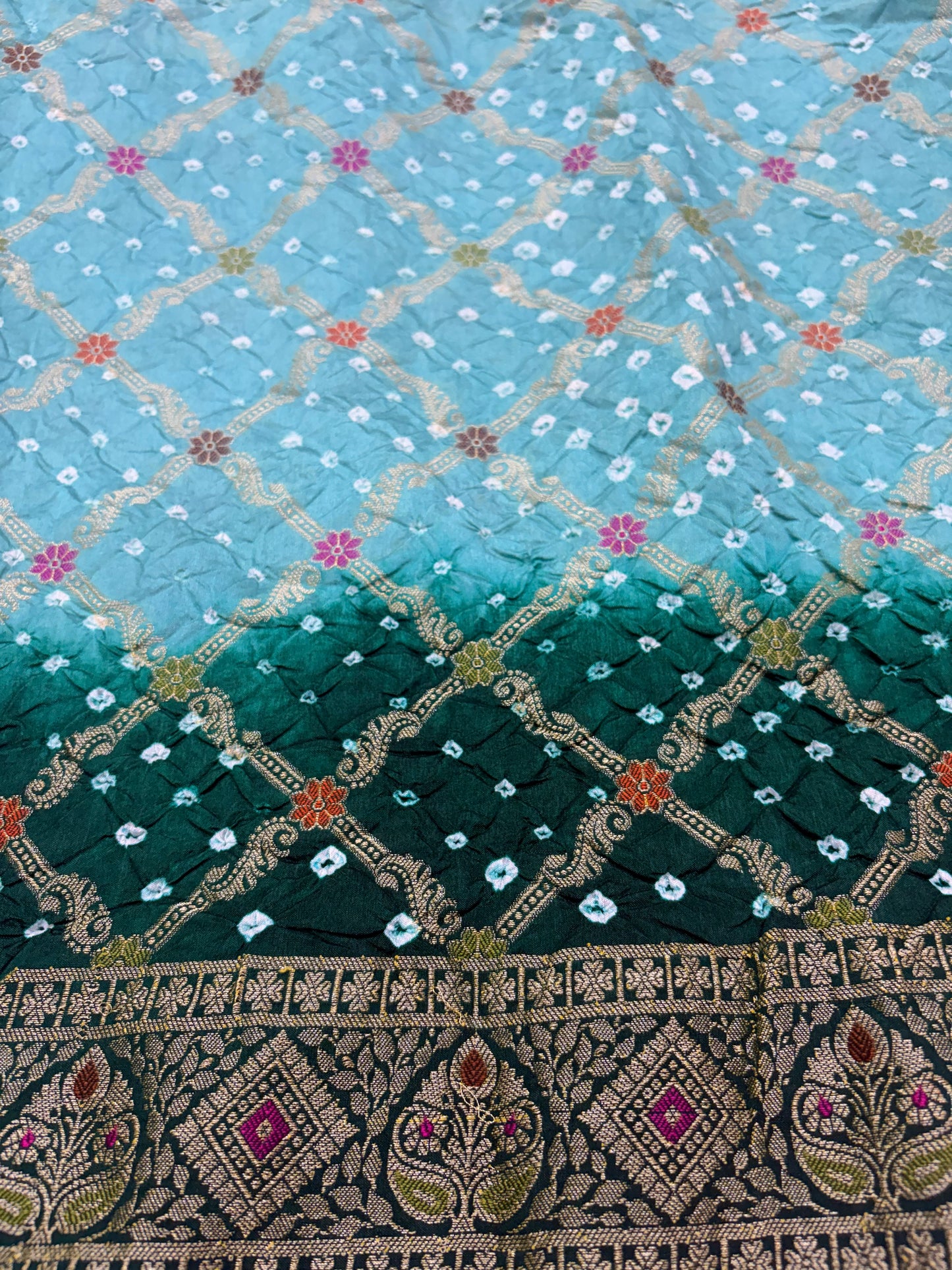 Sea Green & Aqua Blue Contrast Bandhej Banarasi Silk Saree