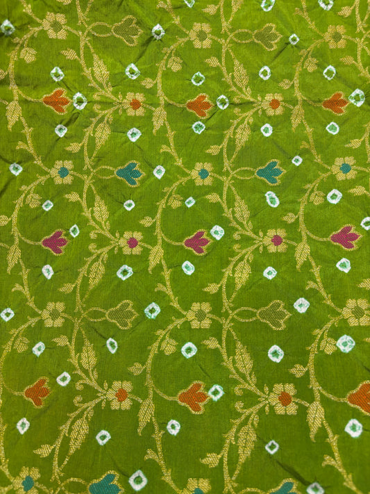 Parrot Green Bandhej Floral Jaal Banarasi Silk Saree