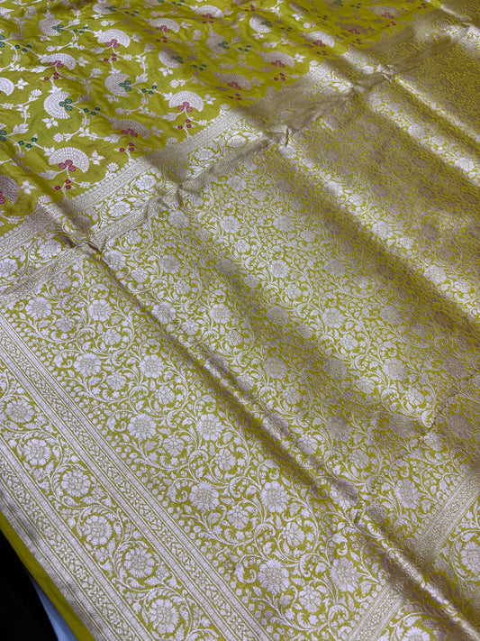 Banarasi Meenakari Woven Pure Katan Saree in Lime Yellow (PK11)