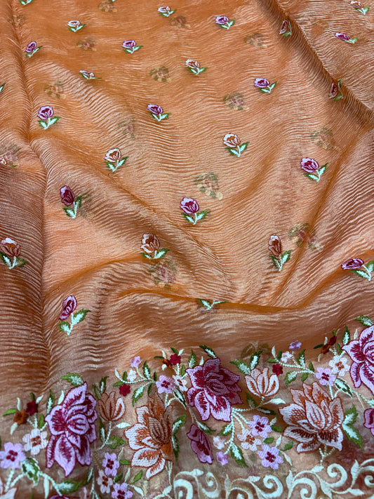 Sunset Peach Bloom Embroidery Pure Tissue Saree