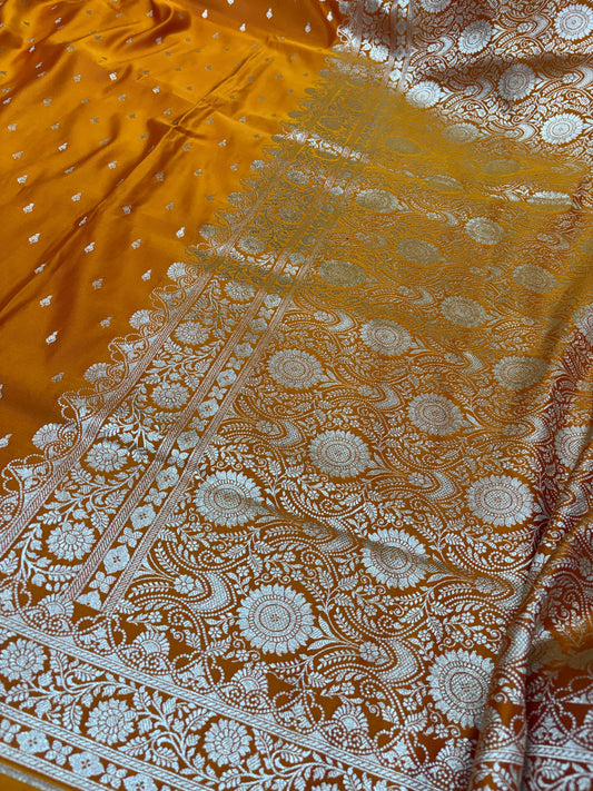 Mustard Gold Banarasi Katan Silk Saree – Floral Buti Weave (K56)