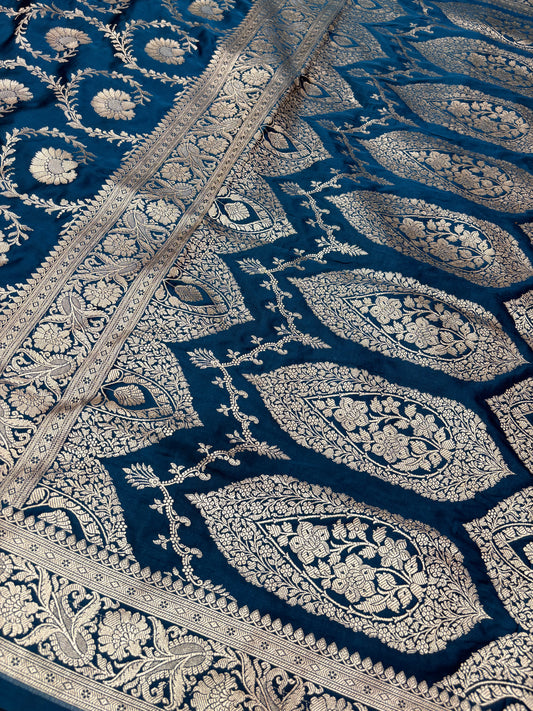 Teal Blue Mashru Katan Banarasi Saree – Silver Zari Floral Jaal (K53)