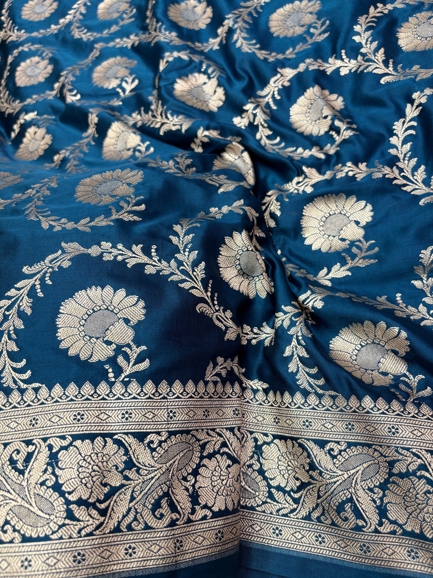 Teal Blue Mashru Katan Banarasi Saree – Silver Zari Floral Jaal