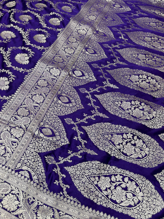 Royal Purple Mashru Katan Banarasi Saree – Silver Zari Floral Jaal (K52)