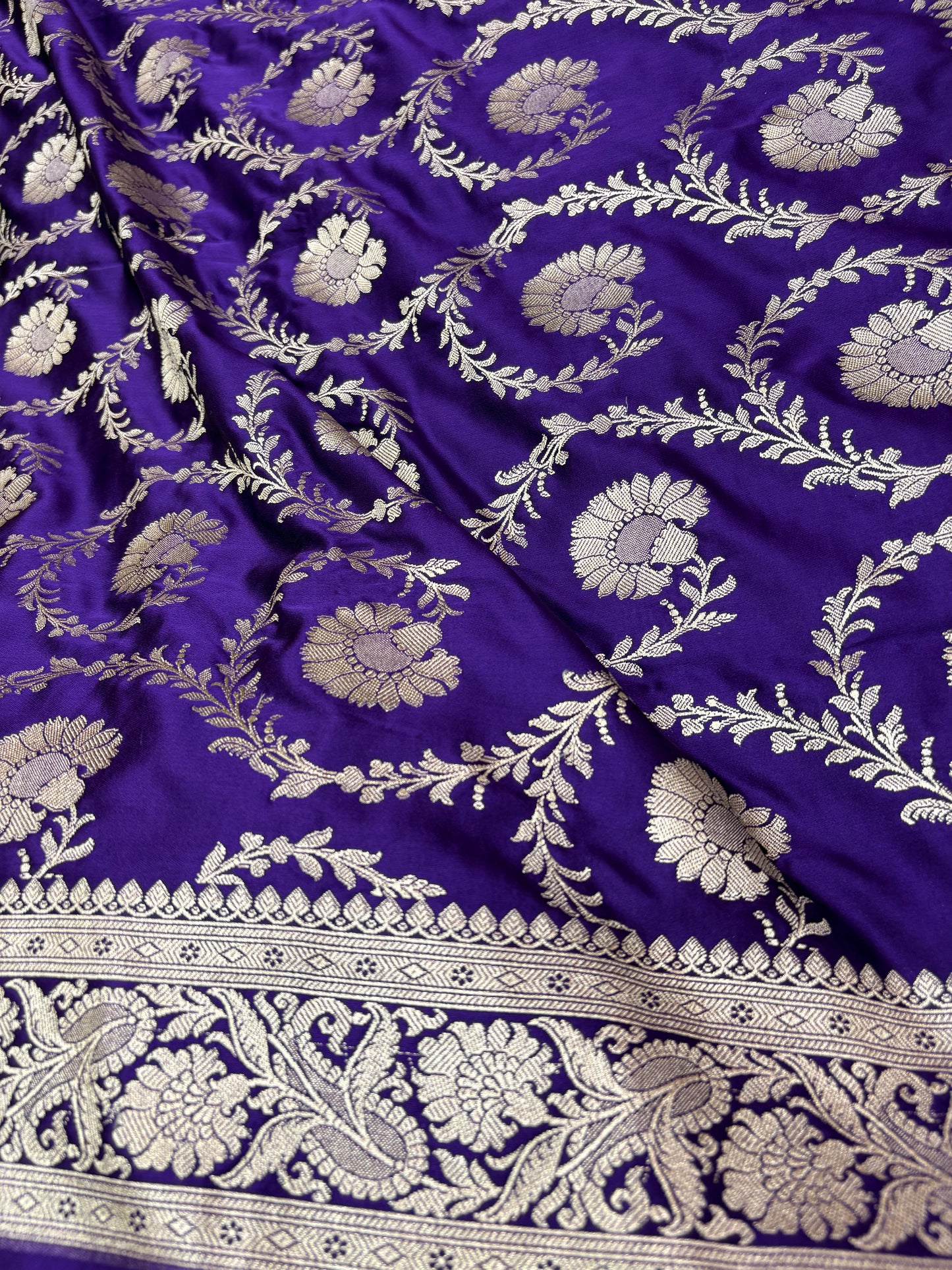 Royal Purple Mashru Katan Banarasi Saree – Silver Zari Floral Jaal