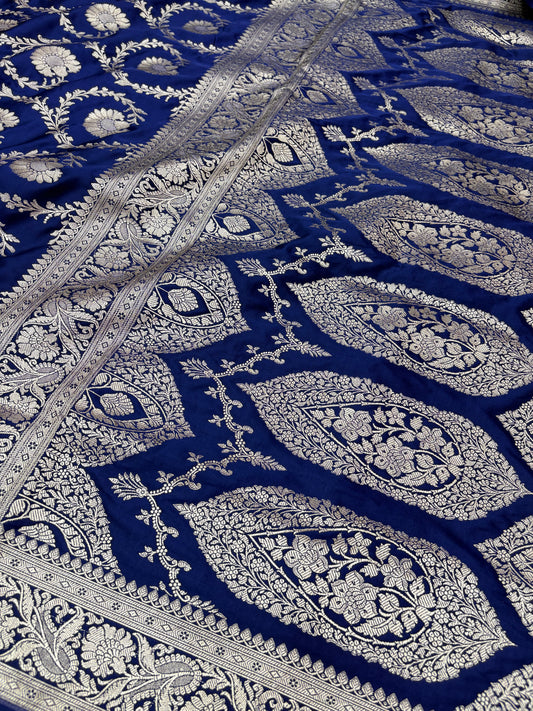 Royal Blue Mashru Katan Banarasi Saree – Silver Zari Floral Jaal (K50)