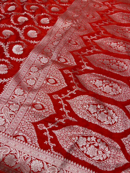 Red Mashru Katan Banarasi Saree – Silver Zari Floral Jaal (K49)