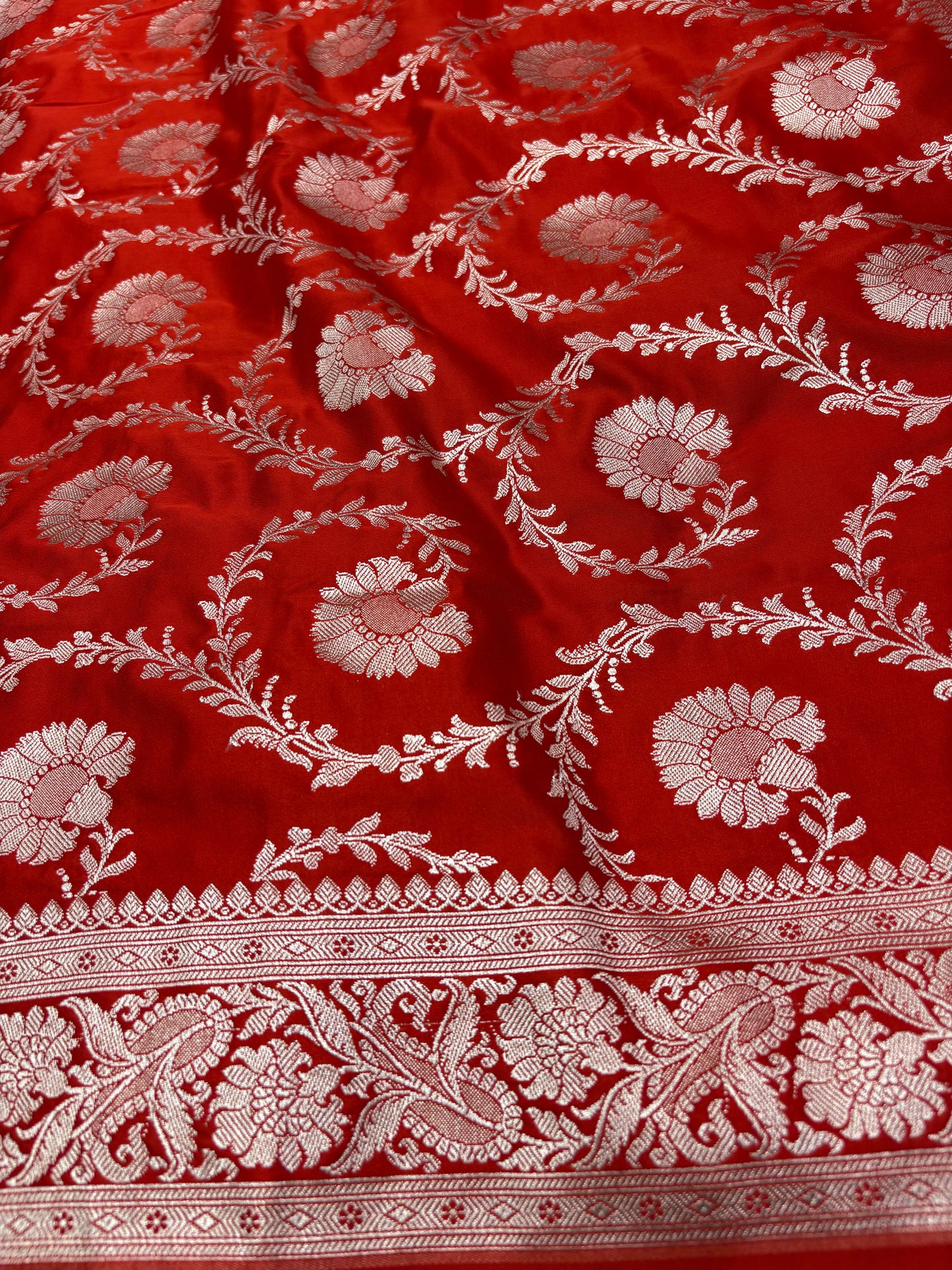 Red Mashru Katan Banarasi Saree – Silver Zari Floral Jaal