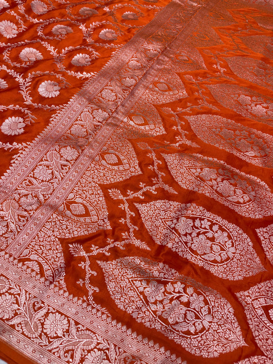 Orange Mashru Katan Banarasi Saree – Silver Zari Floral Jaal (K51)