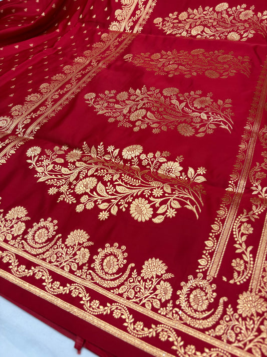 Red Katan Banarasi Saree with Floral Zari Border (K59)