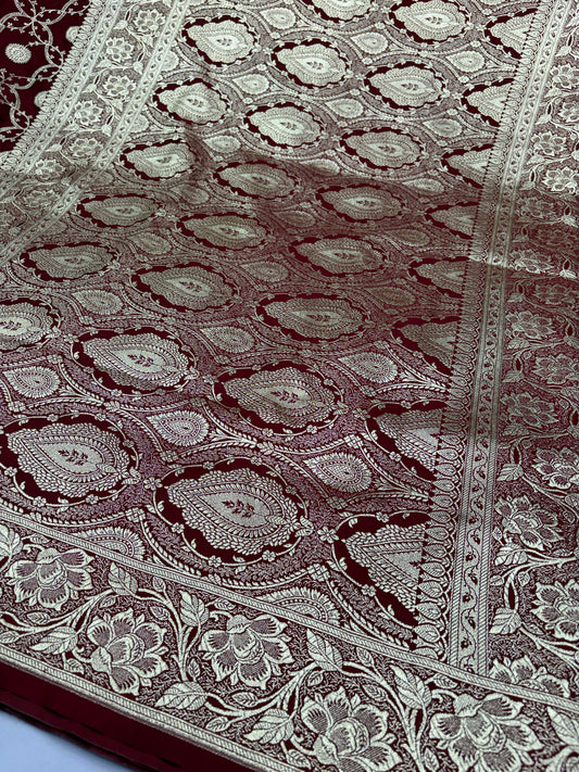 Banarasi Katan Silk Saree in Deep Maroon with Floral Jaal & Rich Zari Pallu