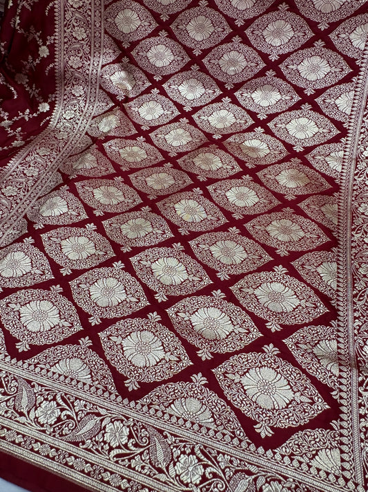 Banarasi Katan Silk Saree in Maroon with Floral Jaal Weaving (K67)