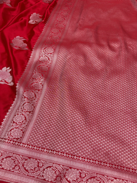 Banarasi Mashru Katan Saree in Royal Red with Silver Zari Buti Weaving K69