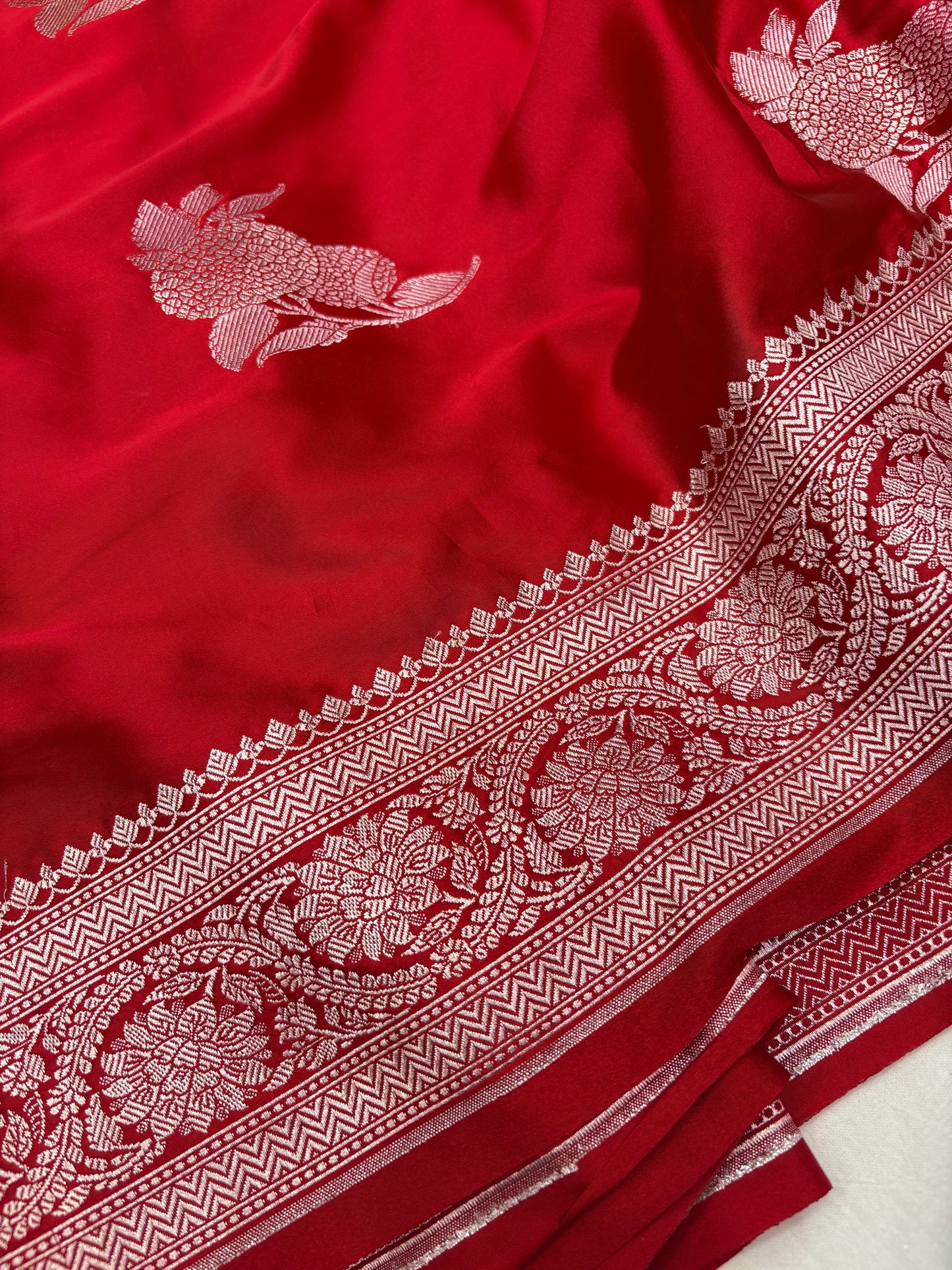 Banarasi Mashru Katan Saree in Royal Red with Silver Zari Buti Weaving K69