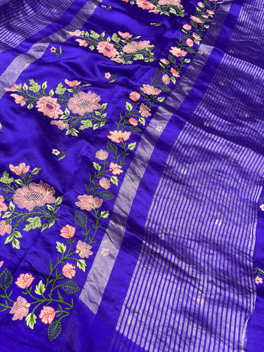 Intricate hand embroidery showcasing traditional Indian craftsmanship with detailed threadwork, elegant patterns, and luxurious textile artistry on premium fabric.