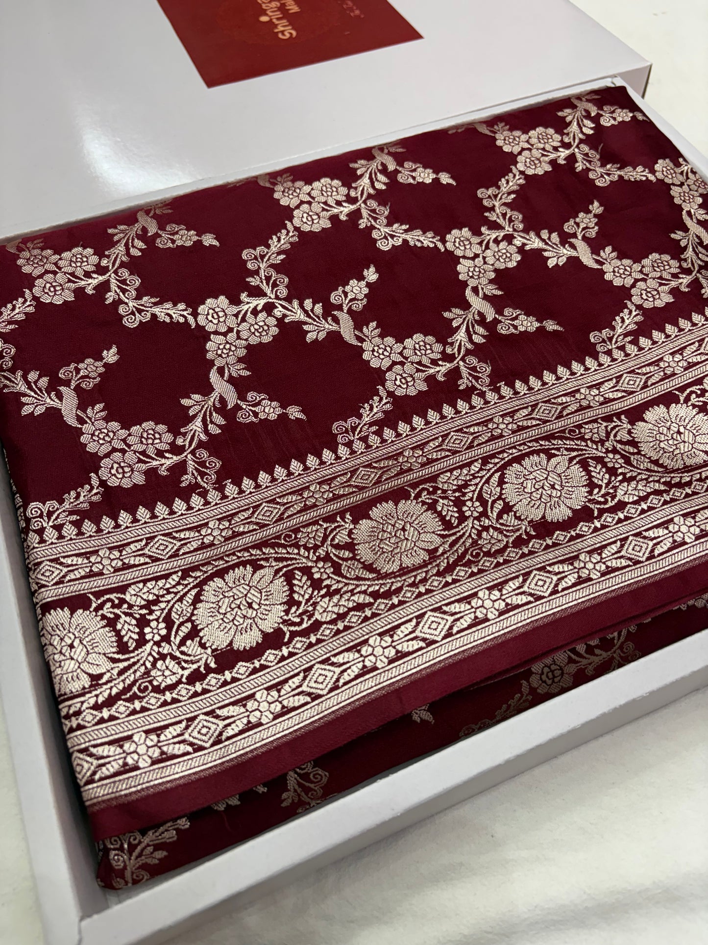 Maroon Banarasi Silk Mashru Katan Saree With Intricate Silver Zari Jaal Weaving