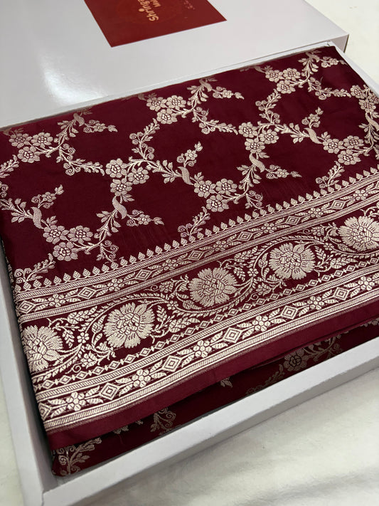 Maroon Banarasi Silk Mashru Katan Saree With Intricate Silver Zari Jaal Weaving