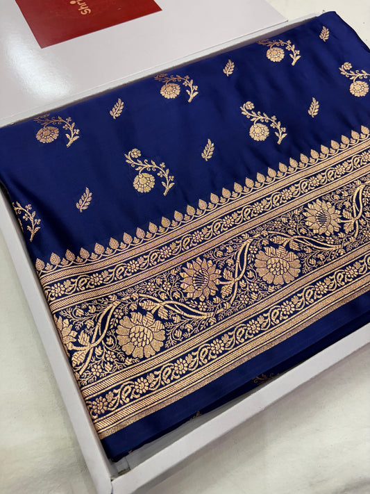 Navy Blue Banarasi Katan Silk Saree With Intricate Silver Zari Weaving