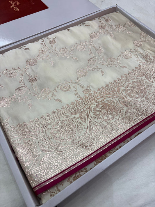 Ivory White Banarasi Katan Silk Saree With Elegant Rose Gold Zari Weaving