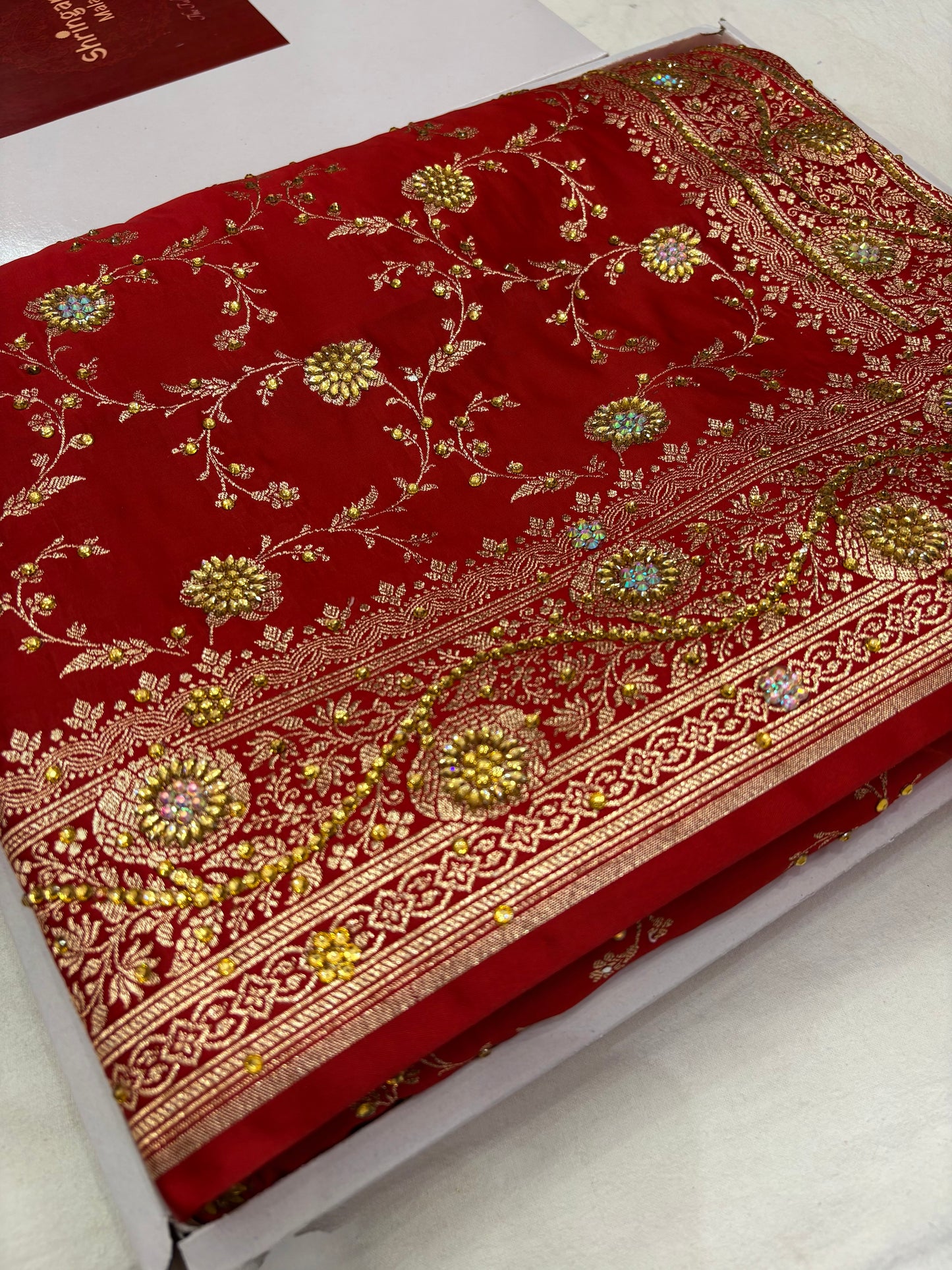 Ruby Red Banarasi Katan Silk Saree With Intricate Zari & Stone Work