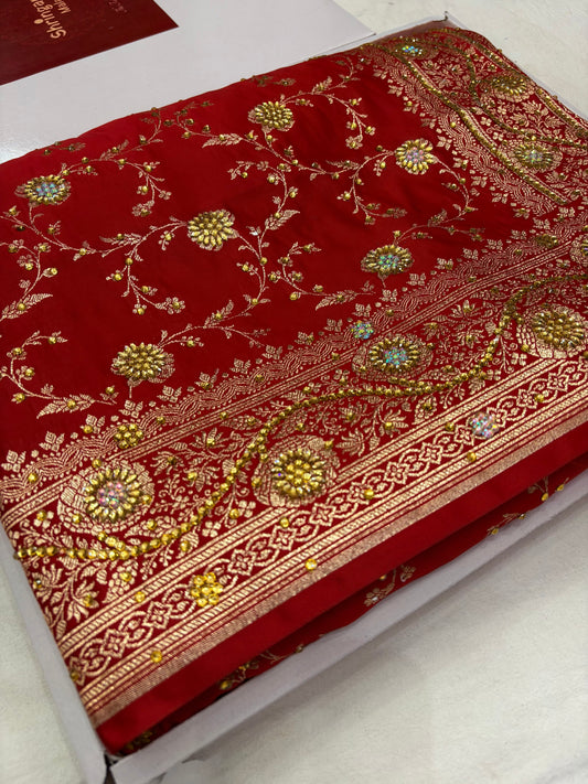 Ruby Red Banarasi Katan Silk Saree With Intricate Zari & Stone Work