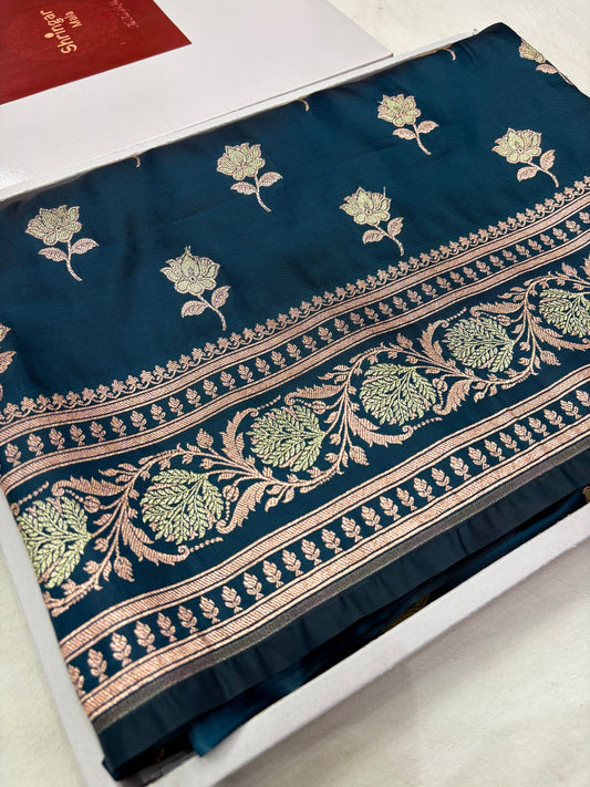 Deep Teal Banarasi Katan Silk Saree With Elegant Floral Zari Weaving